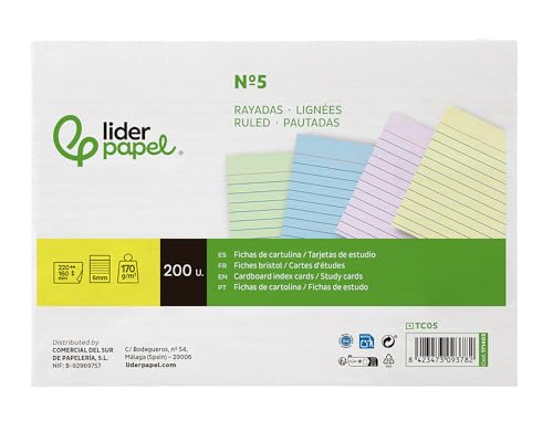 Liderpapel Karteikarte zum Lernen, liniert, farbiger Karton, 170 g/m², 160 x 220 mm, 200 Stück von Liderpapel