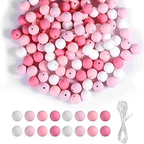 Lidzopas 120 Stück 15 mm runde, bunte Silikon-Perlen-Set, lose Abstandshalter, runde Silikonperlen für Armbänder, Halsketten, Schmuckherstellung, DIY, Basteln, Pink von Lidzopas