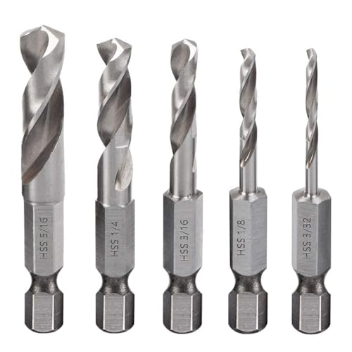 5 Stück Bohrer Mit Sechskantschaft Impact 1/4" Sechskantschaft Metallbohrer für Winkelbohrmaschine und die Bearbeitung Bohren, 1/4, 1/8, 3/16, 5/16, 3/32 Zoll von LiebeWH