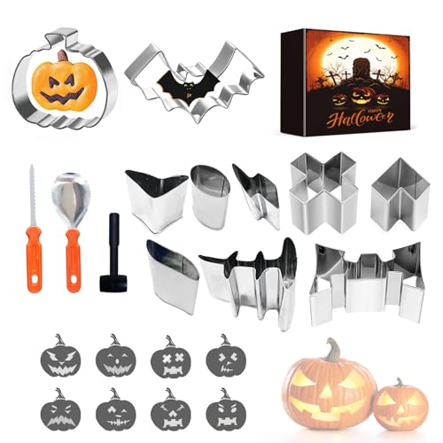 Halloween Kürbis Schnitzset mit Vorlagen: 13 Stück Edelstahl Kürbis Schnitzwerkzeug Erwachsene mit Hammer & Aufkleber Pumpkin Carving Kit für Familie DIYDekoration von Lieberpaar