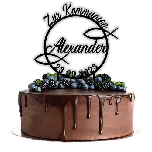 Acryl Cake Topper mit Wunschtext zur Kommunion | personalisiert mit Namen und Datum | Tortenstecker Kuchendeko | schwarz | Kuchendekoration und Tortenschmuck 100% Made in Germany von Lieblingsmensch