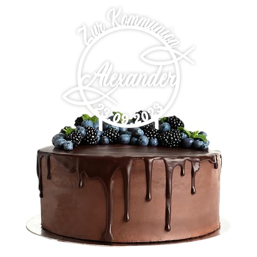 Acryl Cake Topper mit Wunschtext zur Kommunion | personalisiert mit Namen und Datum | Tortenstecker Kuchendeko | weiß | Kuchendekoration und Tortenschmuck 100% Made in Germany von Lieblingsmensch