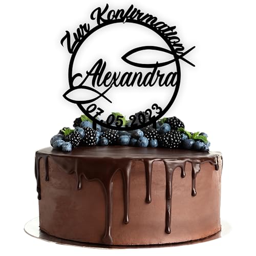 Acryl Cake Topper mit Wunschtext zur Konfirmation | personalisiert mit Namen und Datum | Tortenstecker Kuchendeko | schwarz | Kuchendekoration und Tortenschmuck 100% Made in Germany von Lieblingsmensch