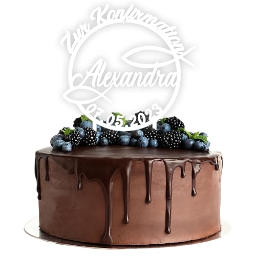 Acryl Cake Topper mit Wunschtext zur Konfirmation | personalisiert mit Namen und Datum | Tortenstecker Kuchendeko | weiß | Kuchendekoration und Tortenschmuck 100% Made in Germany von Lieblingsmensch