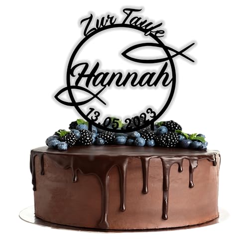 Acryl Cake Topper mit Wunschtext zur Taufe | personalisiert mit Namen und Datum | Tortenstecker Kuchendeko | schwarz | Kuchendekoration und Tortenschmuck 100% Made in Germany von Lieblingsmensch