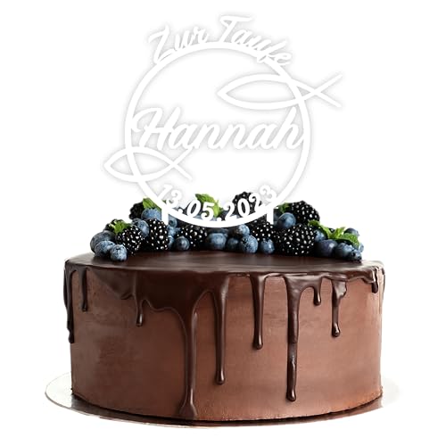 Acryl Cake Topper mit Wunschtext zur Taufe | personalisiert mit Namen und Datum | Tortenstecker Kuchendeko | weiß | Kuchendekoration und Tortenschmuck 100% Made in Germany von Lieblingsmensch