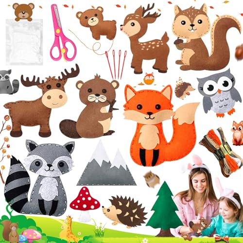 Liekadijiae 32 Stück Children's Felt Craft Sets, Filz Nähen Kits, DIY Tierformen Filz, Forest Animal Sewing Set, Nähset für Kinder, Nähen Kinder Filzset mit Stickgarn Plastiknadeln Füllwatte Schere von Liekadijiae