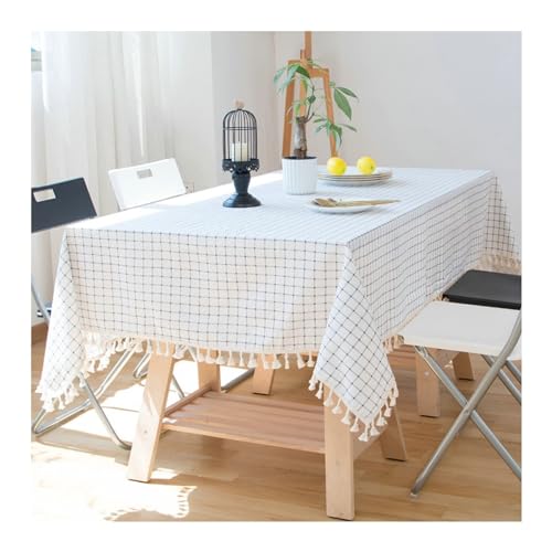 Lieson Rechteckige Tischdecke 100x140 cm, Polyester Tischtuch Abwaschbar Kariert mit Fransen Tischwäsche für Geburtstag Party Hochzeit, Weiß Blau von Lieson