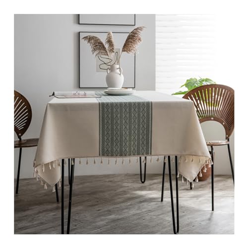 Lieson Rechteckige Tischdecke 90x90 cm, Polyester Tischwäsche Abwaschbar Stickerei Geometrisch Raute Streifen mit Fransen Tischtuch für Home Küche Speisetisch Dekoration, Beige Grün von Lieson