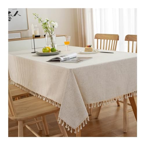 Lieson Rechteckige Tischdecken 120x160 cm, Polyester Leinen Tischwäsche Abwaschbar Einfarbig mit Quasten Tischdecke für Couchtisch, Gartentisch, Beige von Lieson