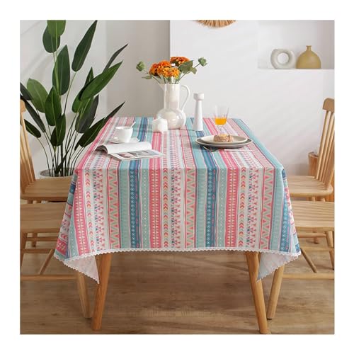 Lieson Rechteckige Tischdecken 140x220 cm, Polyester Tischtuch Abwaschbar Dreieckig Raute Gestreift Muster mit Spitze Rand Tischdecke für Outdoor Party Küche, Blau Grün Rosa von Lieson