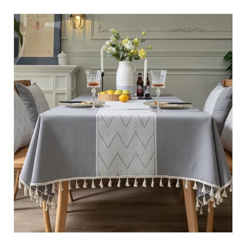 Lieson Rechteckige Tischdecken 140x240 cm, Polyester Tischwäsche Abwaschbar Jacquard Welle Muster mit Fransen Tischdecke für Wohnzimmer, Esszimmer, Balkon, Garten, Grau von Lieson