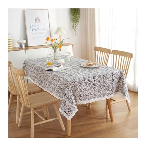 Lieson Tischdecke Rechteckig 120x160 cm, Polyester Baumwolle Tischwäsche Abwaschbar Vintage Ranken mit Spitze Rand Tafeldecke für Couchtisch Home Küche Speisetisch Dekoration, Blau Beige von Lieson