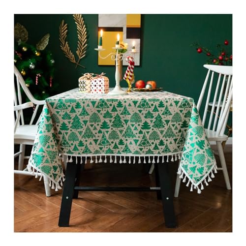 Lieson Tischdecke Rechteckig 140x180 cm, Baumwolle Leinen Tischtuch Abwaschbar Weihnachten Baum mit Fransen Tafeldecke für Couchtisch Home Küche Speisetisch Dekoration, Grün von Lieson