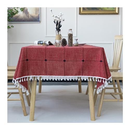 Lieson Tischdecke Rechteckig 140x220 cm, Baumwolle Leinen Tischtuch Abwaschbar Kariert mit Fransen Tischwäsche für Esszimmer, Garten, Hochzeiten, Rot von Lieson