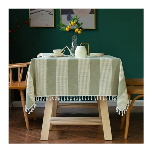 Lieson Tischdecke Rechteckig 140x220 cm, Polyester Tischtuch Abwaschbar Streifen mit Quasten Tafeldecke für Outdoor Party Küche, Grün von Lieson