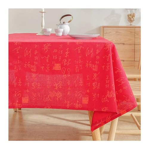 Lieson Tischdecke Rechteckig 140x240 cm, Baumwolle Leinen Tischtuch Abwaschbar Chinesisches Kalligraphie Muster Tafeldecke für Couchtisch, Gartentisch, Rot von Lieson