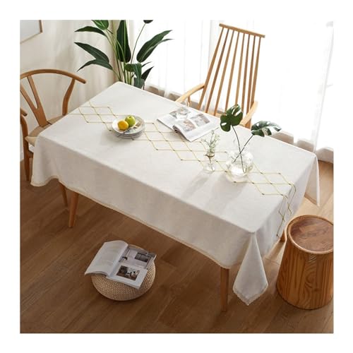 Lieson Tischtuch Rechteckig 120x180 cm, Polyester Leinen Tischdecke Abwaschbar Stickerei Raute mit Spitze Rand Tafeldecke für Küchentisch und Outdoor Tischtuch, Beige von Lieson