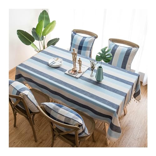 Lieson Tischtuch Rechteckig 140x240 cm, Polyester Tischdecke Abwaschbar Dreifarbige Gestreift mit Quasten Tischwäsche für Home Küche Speisetisch Dekoration, Dunkelblau Grau von Lieson