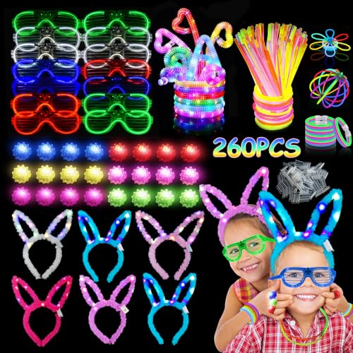 LifBetter 150 Stück Partyzubehör, 14 LED-Brillen, 24 Fingerringe, 6 Hasenohr-Stirnbänder, 6 Pop-Röhren, 100 Leuchtstäbe, leuchtende Neon-Partygeschenke, Dekoration für Hochzeit, Konzert, Geburtstag von LifBetter