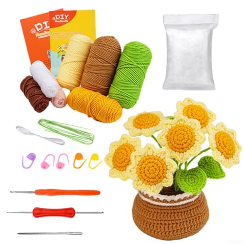 Komplettes Häkelblumen-Set für Lernende, Schritt-für-Schritt-Anleitung im Lieferumfang enthalten (Sonnenblumenpflanzung) von LifenaviStore