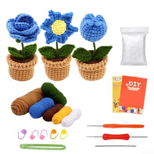 Komplettes Häkelblumen-Set für Lernende, Schritt-für-Schritt-Anleitungen im Lieferumfang enthalten (blaue Blumen) von LifenaviStore