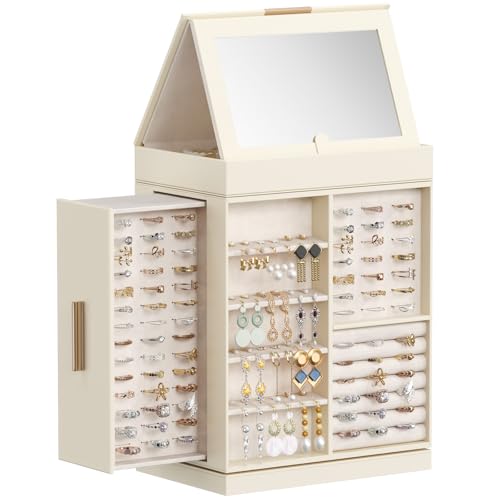 Lifewit Schmuckaufbewahrung 360° Drehbar, Schmuckschatulle Schmuckkasten Damen, Verstellbarer Spiegel mit Magnetisches Design, für Ring Halskette Ohrring, Beige von Lifewit