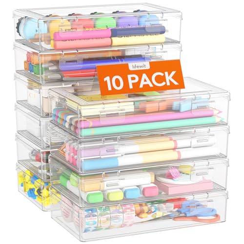 Lifewit Kunststoff Stiftebox Organizer Kinder, Große Harte Federmappe mit Snap-Dicht Deckel Stapelbar Bürobedarf Craft Aufbewahrungsbox für Art Supply Schreibwaren Kosmetika Werkzeugteile, 10 Pack von Lifewit