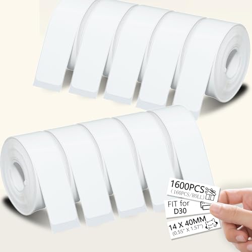 D30 Etikettierband, Thermodruckerpapier, intelligenter Mini-Etikettendrucker, Nachfüllpackung für Büro, Zuhause, Shcool, 14 x 40 mm, 160 Etiketten/Rolle, 10 Rollen, Weiß, 1600 Stück von Lifmegik