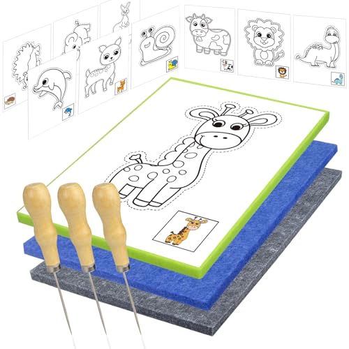 Lifuncren 3 Stücke Prickelnadel Set Kinder, Hochwertiges Prikelnadeln Set Kinder, 3 Prikelnadeln +3 Prickelfilz, 30x20x0,9 cm Nadelfilz-Pad, Prickelset für Geschenk Schulanfang (Tierthema (Groß)) von Lifuncren