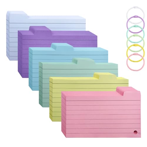 Lifuncren 300 Stücke Linierte Karteikarten, 6 Farben 7,6 x 12,7 cm Flashcards mit 6 Binderingen, Bunt Lernkarten mit Ring, Vokabelkarten für Büro, Schule, Lernen, Zuhause (001) von Lifuncren