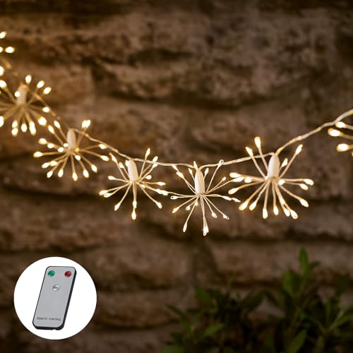 Lights4fun 200er LED Starburst Solar Lichterkette mit Fernbedienung USB Aufladbar Solar Lichterkette warmweiß Solarlampen für außen von Lights4fun