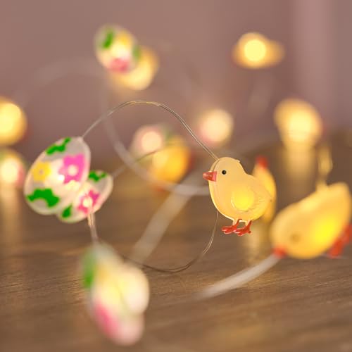 Lights4fun 20er LED Micro Lichterkette Ostern warmweiß Timer Batterie Osterdeko Bunt Innen Tischdeko Ostern LED Osterei und Küken von Lights4fun