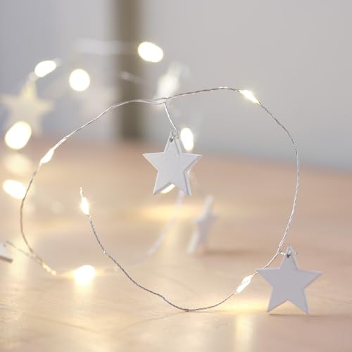 Lights4fun 20er LED Stern Lichterkette mit Timer batteriebetrieben Weihnachtsbeleuchtung innen Weihnachten Stern Deko Weiß Weihnachtsdeko Holz von Lights4fun