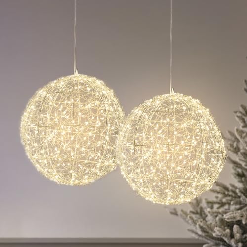 Lights4fun 2er Set LED Kugel Licht 28cm Timer warmweiß Kugel Beleuchtet Außen Dimmbar LED Ball Outdoor Weihnachtsdeko Aussen Stern von Lights4fun