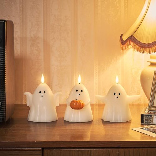 Lights4fun 3er Set TruGlow® LED Gespenster Kerzen mit Fernbedienung und Timer batteriebetrieb Herbst Deko Orange Kürbis Halloween Deko von Lights4fun