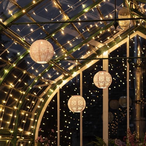 Lights4fun LED Gartenbeleuchtung Set Lichterhimmel Solar Lampion Weiß Beleuchtung Balkon Solarlampen für außen Gartenlounge Set von Lights4fun