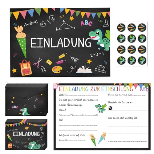 Ligtmor 12×Einladung Einschulung Junge Mädchen（A6）, Dino Einschulung Einladungskarten mit Umschlägen, Einladung Schulanfang Junge für Kinder zum Schulbeginn Einschulungsparty von Ligtmor