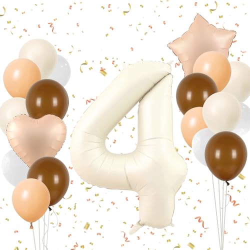 Ligtmor 40 Zoll Beige Zahlen Luftballon 4, 4. Geburtstagsballon Set, Folienballon Geburtstag 4 Jahre Mädchen, Geeignet als Geburtstag Party Deko, Jubiläum Party Dekoration von Ligtmor