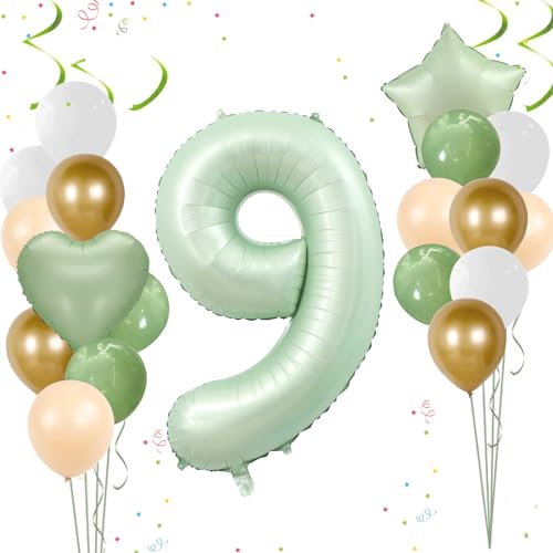 Ligtmor 40 Zoll Olive Grün Zahlen Luftballon 9, 9. Geburtstagsballon Set, Folienballon Geburtstag 9 Jahre Mädchen, Geeignet als Geburtstag Party Deko, Jubiläum Party Dekoration von Ligtmor