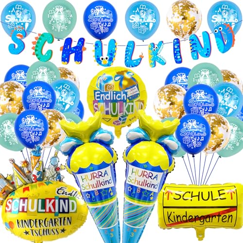 Ligtmor Einschulung Deko, Schulkind 2024 Junge, SCHULKIND Blau Banner + Folienballon Schultüte Jungen + 28 Luftballon Deko Einschulung Junge, Schulanfang Deko von Ligtmor