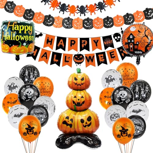 Ligtmor Halloween Deko Set, Halloween Dekoration Innen, Happy Halloween Grusel Girlande + Kürbisse und Spinnen Wimpelgirlande + Halloween Aluminium Luftballons + Halloween Latex Ballons von Ligtmor