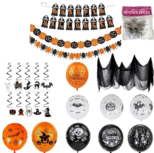 Ligtmor Halloween Deko Set Halloween Dekoration Innen, Happy Halloween Grusel Girlande + Kürbisse und Spinnen Wimpelgirlande + Spinnennetz Dekoration mit Spinnen + Halloween Latex Ballons von Ligtmor