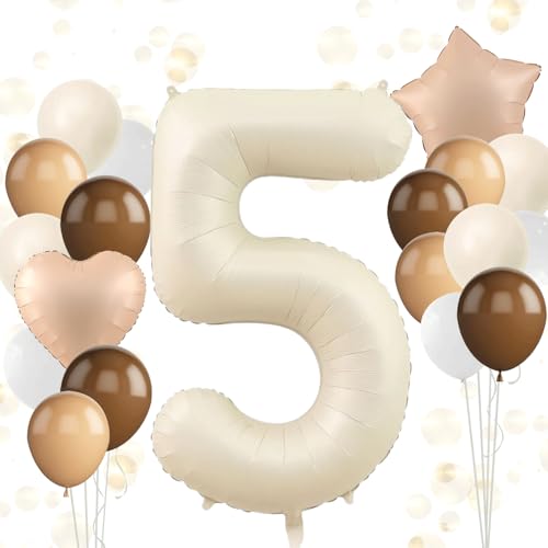 Ligtmor Luftballon 5 Jahre Geburtstag, 40 Zoll Beige Luftballon zahlen 5, 16 Stück Latexballons, 101cm Beige Folienballon 5 Geburtstagsdeko, für Jungen Mädchen 5. Geburtstag Party Deko von Ligtmor