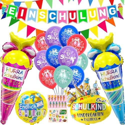 Ligtmor Schulkind 2024, Einschulung Deko, Einschulung Girlande + 2.5m Wimpelkette Girlande + Folienballon Schultüte Jungen Mädchen + 28 Luftballon Deko Einschulung Junge Mädchen, Schulanfang Deko von Ligtmor