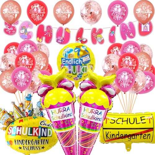 Ligtmor Schulkind 2024 Mädchen, Einschulung Deko, SCHULKIND Rosa Banner + Folienballon Schultüte Mädchen + 28 Luftballon Deko Einschulung Mädchen, Schulanfang Deko von Ligtmor