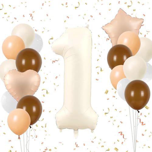 Ligtmor Zahlen Luftballon Beige, 101cm Beige Folienballon 1, 40 Zoll Beige Zahlenballon 1, Luftballons 1. Geburtstag für Junge Mädchen Geburtstagsdeko Jubiläum Party Deko von Ligtmor