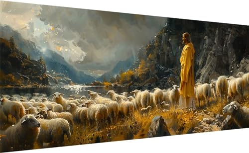 Diamond Painting Jesus hütet die Schafe, 5D Retro Diamant Painting Bilder Erwachsene, DIY Vollbohrer Cross Stickerei Diamant Kunst Malerei, Diamond Painting Groß XXL für Zimmer Wanddeko 110x50cm P_3 von Lihogbo