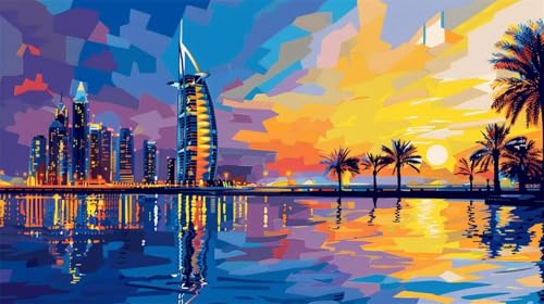 Malen Nach Zahlen, Malen Nach Zahlen Dubai Paint by Numbers Adult, DIY Landschaft mit Pinseln und Acrylfarben Handgemalt Ölgemälde Leinwand für Weihnachten Geschenke, Wanddeko, Ohne Rahmen (70x40cm) von Lihogbo