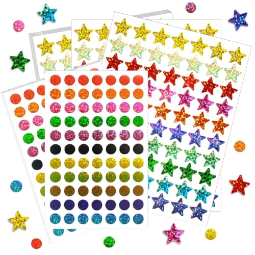 3640 Stück Sticker Kinder Sterne Rund Glitzer Aufkleber Kinder 10+ Farben 1,5 cm Sterne Glitzer Sticker 1cm Laser Bunte Klebepunkte für Kalende DIY Scrapbooking Dekoration Belohnungssticker von Liim